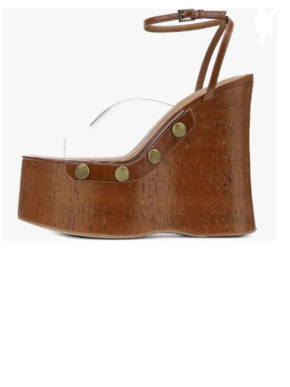 YDN Brown Clear Studded Thick Platform Wedge Heel Sandal Buckle Ankle Strap Shoe